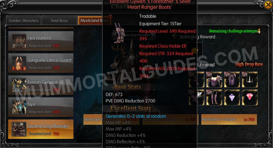 In-game screenshot of Excellent Gywen's Forefather's Silver Heart Ranger Boots tooltip