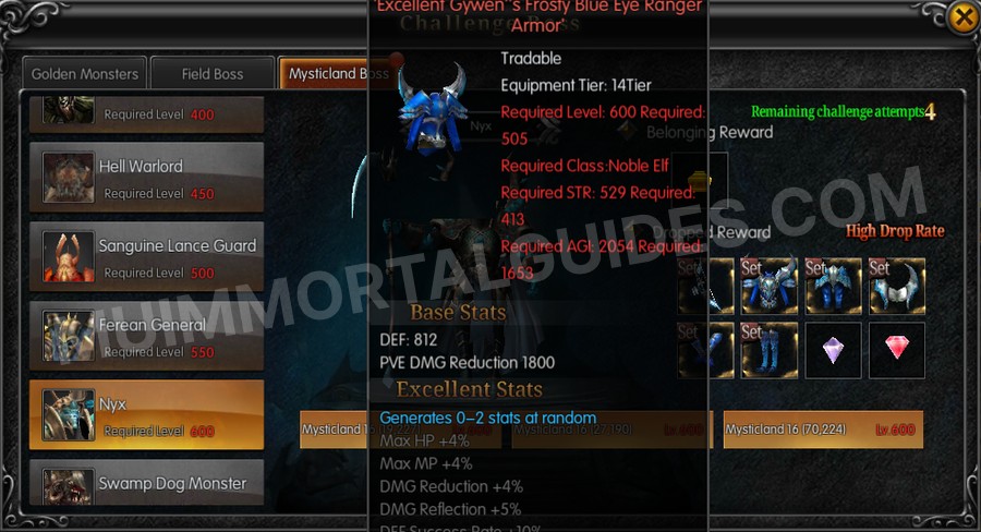 In-game screenshot of Excellent Gywen's Frosty Blue Eye Ranger Armor tooltip