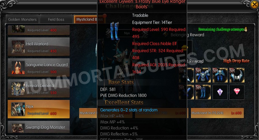 In-game screenshot of Excellent Gywen's Frosty Blue Eye Ranger Boots tooltip