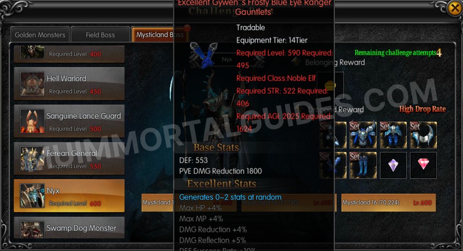 In-game screenshot of Excellent Gywen's Frosty Blue Eye Ranger Gauntlets tooltip