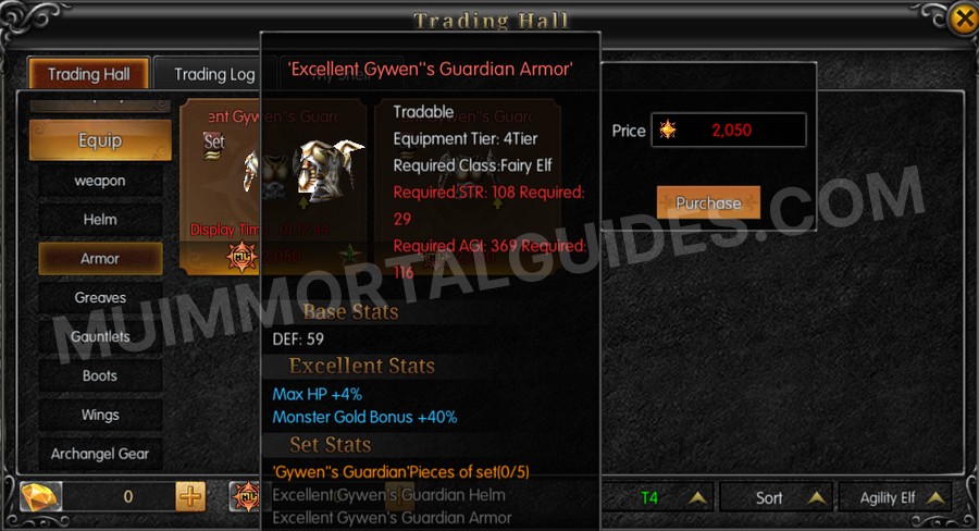 In-game screenshot of Excellent Gywen's Guardian Armor tooltip