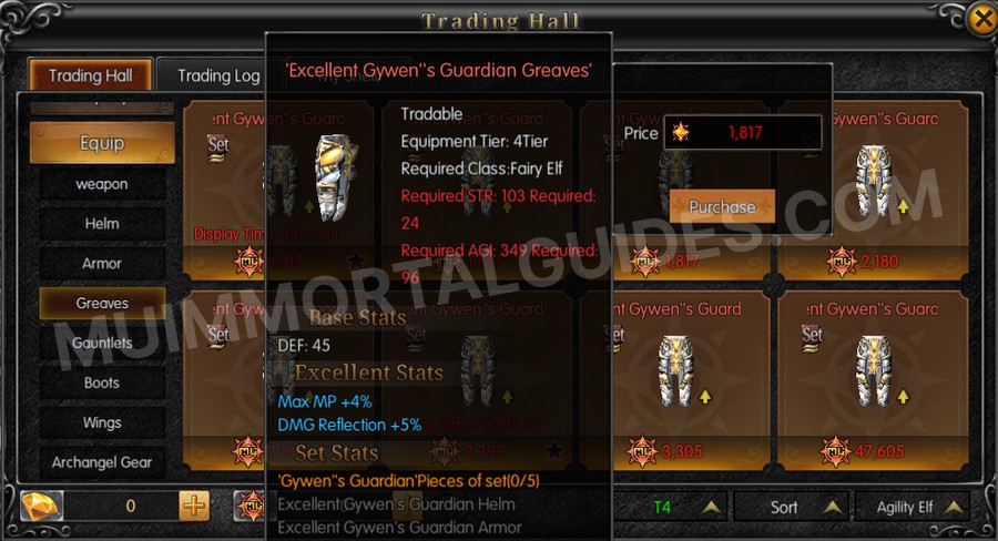 In-game screenshot of Excellent Gywen's Guardian Greaves tooltip