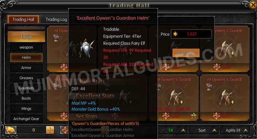 In-game screenshot of Excellent Gywen's Guardian Helm tooltip