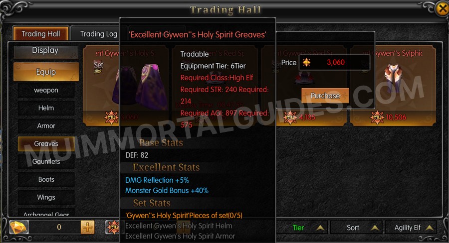 In-game screenshot of Excellent Gywen's Holy Spirit Greaves tooltip