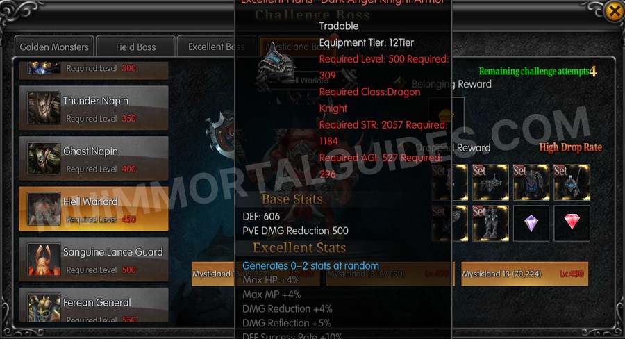 In-game screenshot of Excellent Hans' Dark Angel Knight Armor tooltip