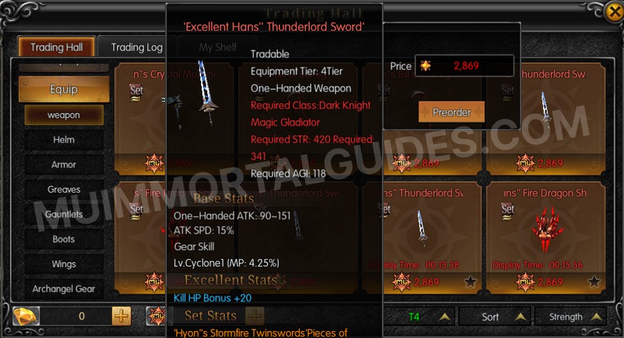 In-game screenshot of Excellent Hans' Thunderlord Sword tooltip