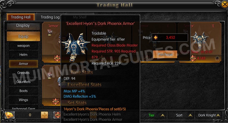 In-game screenshot of Excellent Hyon's Dark Phoenix Armor tooltip
