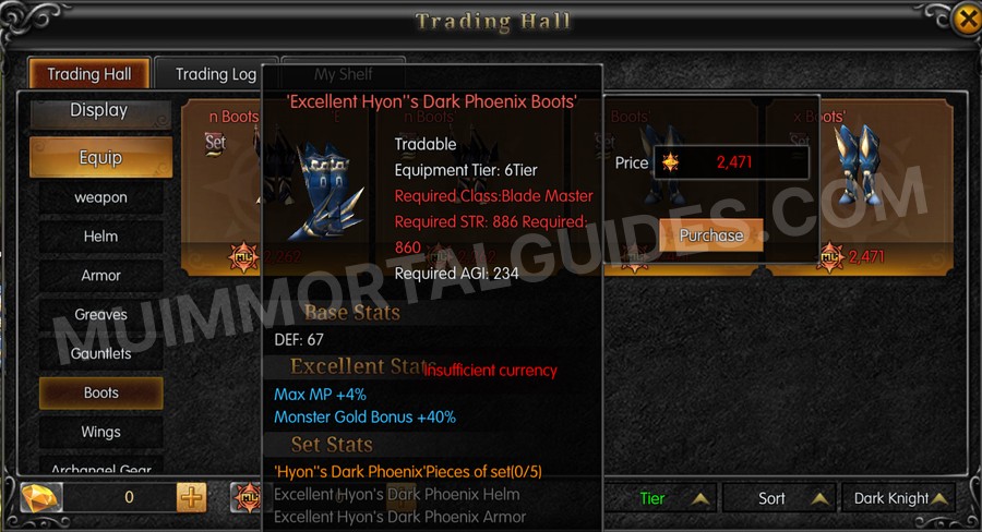 In-game screenshot of Excellent Hyon's Dark Phoenix Boots tooltip