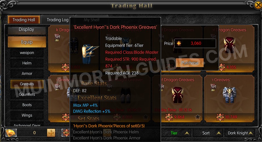 In-game screenshot of Excellent Hyon's Dark Phoenix Greaves tooltip
