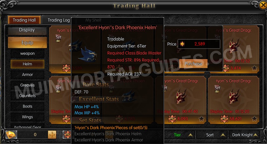 In-game screenshot of Excellent Hyon's Dark Phoenix Helm tooltip