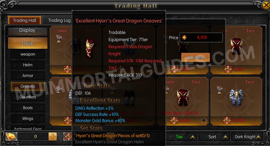 In-game screenshot of Excellent Hyon's Great Dragon Greaves tooltip