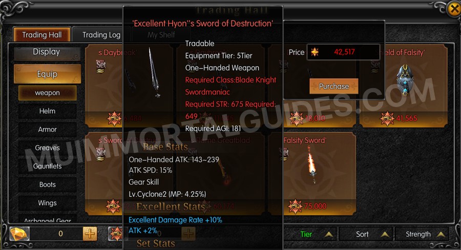 In-game screenshot of Excellent Hyon's Sword of Destruction tooltip