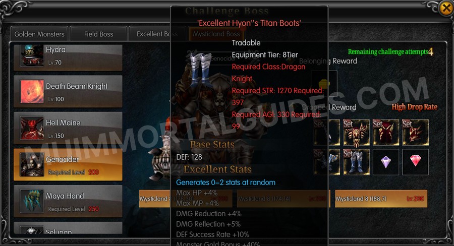 In-game screenshot of Excellent Hyon's Titan Boots tooltip