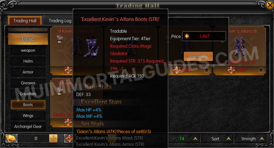 In-game screenshot of Excellent Kevin's Atlans Boots (STR) tooltip