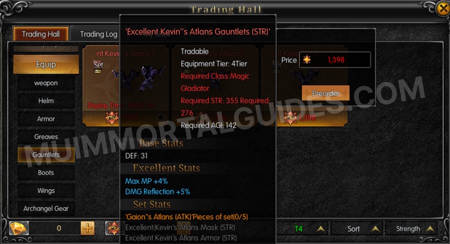 In-game screenshot of Excellent Kevin's Atlans Gauntlets (STR) tooltip