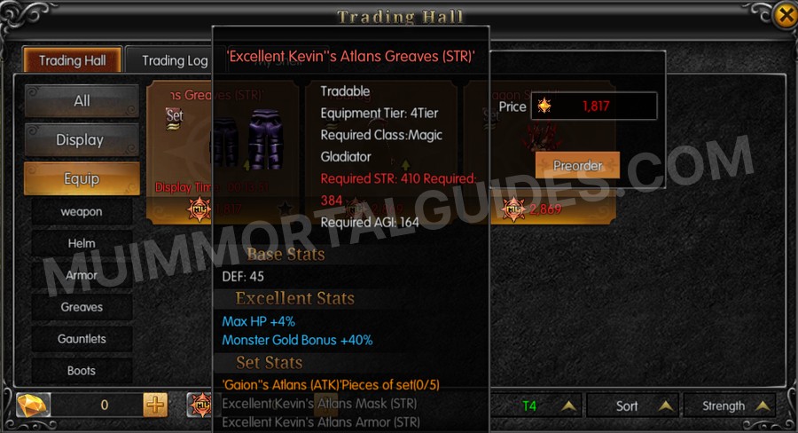 In-game screenshot of Excellent Kevin's Atlans Greaves (STR) tooltip