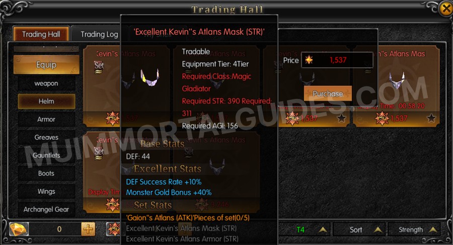 In-game screenshot of Excellent Kevin's Atlans Mask (STR) tooltip