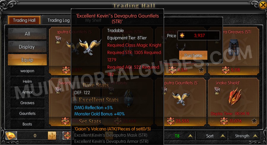 In-game screenshot of Excellent Kevin's Devaputra Gauntlets (STR) tooltip