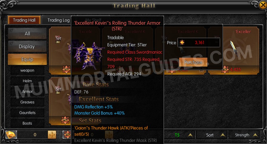 In-game screenshot of Excellent Kevin's Rolling Thunder Armor (STR) tooltip