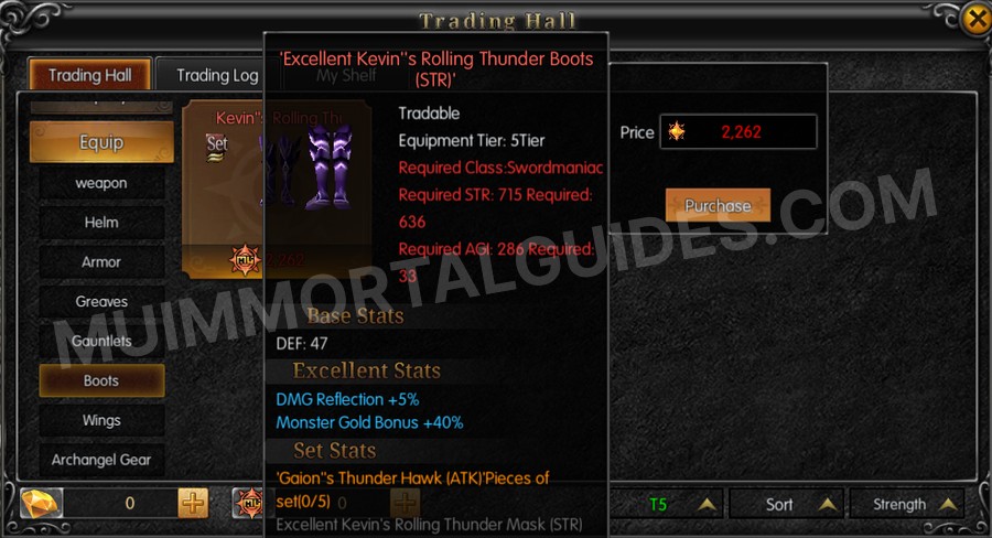 In-game screenshot of Excellent Kevin's Rolling Thunder Boots (STR) tooltip