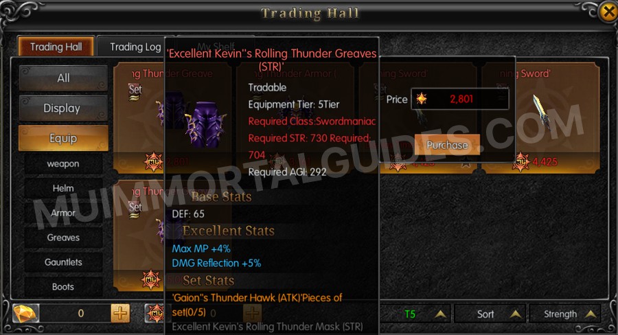 In-game screenshot of Excellent Kevin's Rolling Thunder Greaves (STR) tooltip