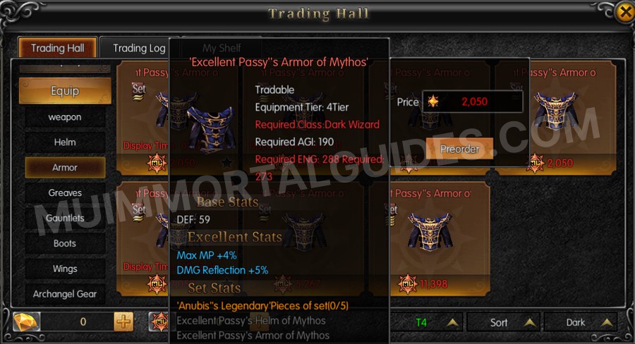 In-game screenshot of Excellent Passy's Armor of Mythos tooltip