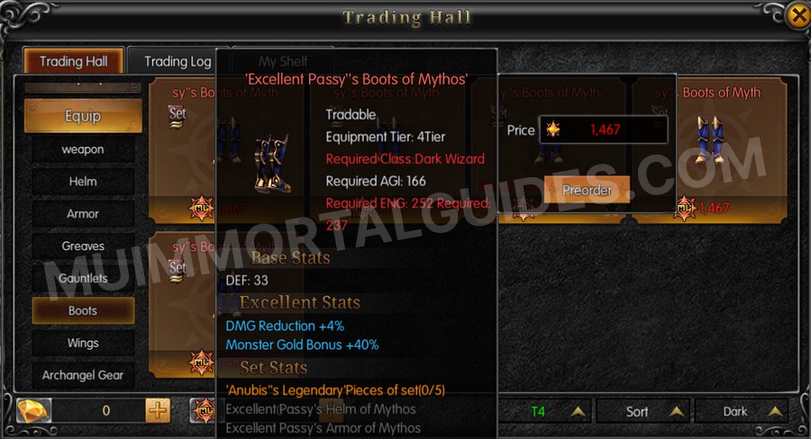 In-game screenshot of Excellent Passy's Boots of Mythos tooltip