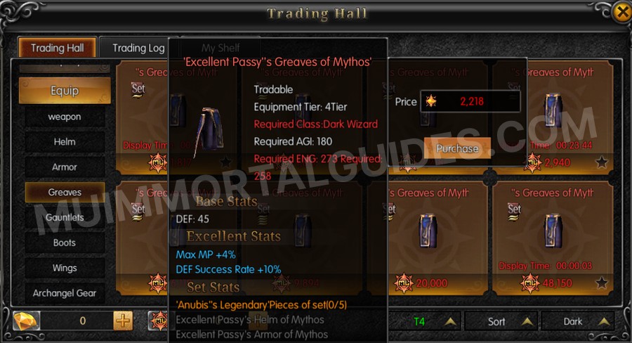 In-game screenshot of Excellent Passy's Greaves of Mythos tooltip