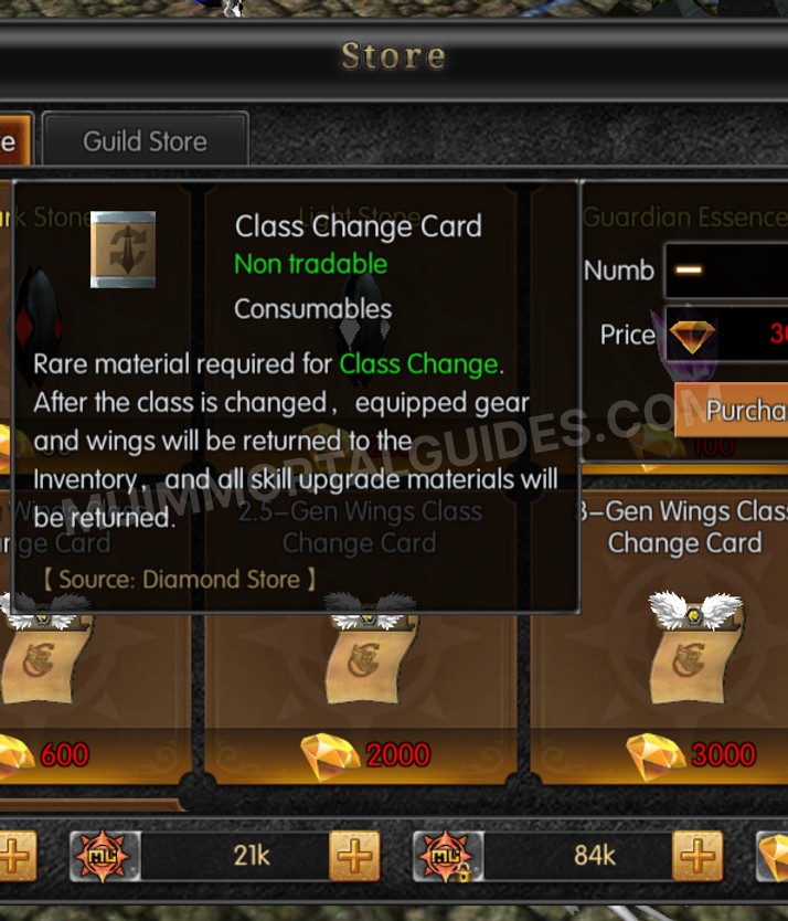 Screenshot of Class Change Card