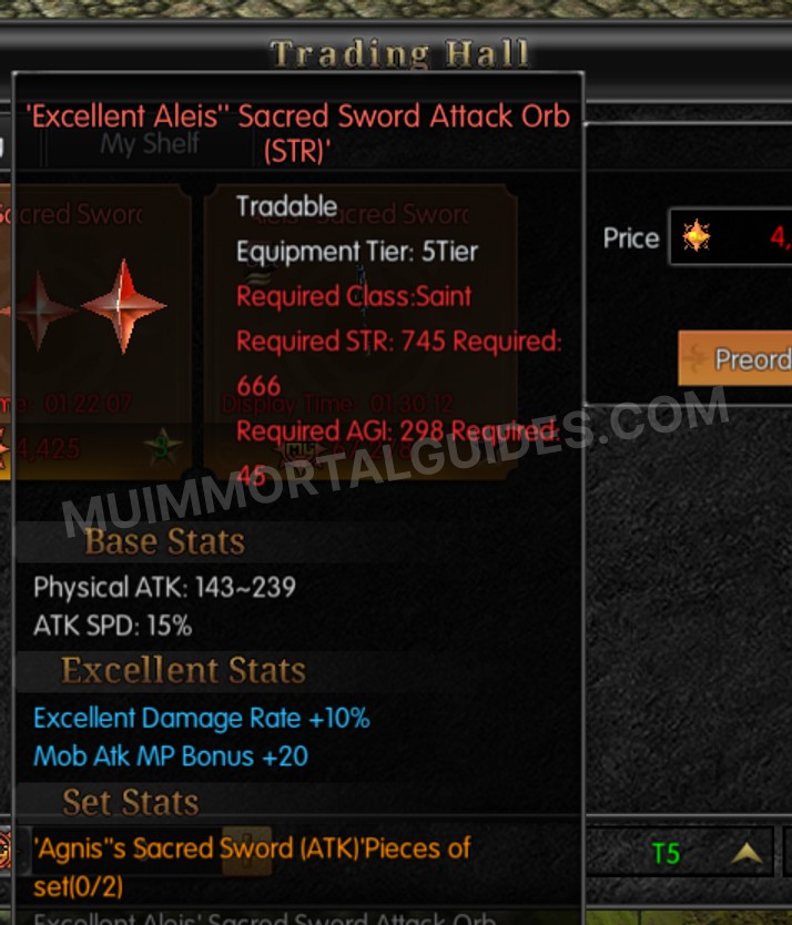 Screenshot of Excellent Aleis' Sacred Sword Attack Orb (STR)